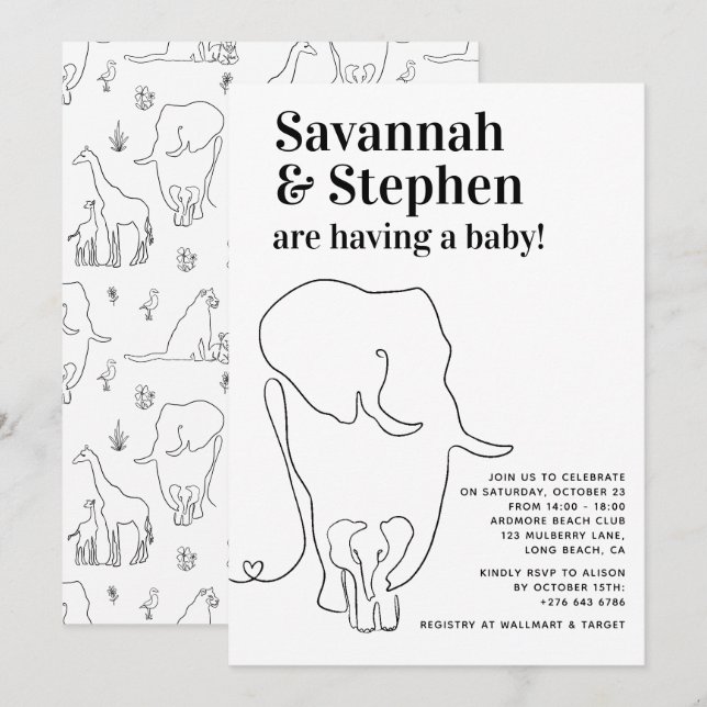 Modern Black and White Elephant Joint Baby Shower Invitation (Front/Back)