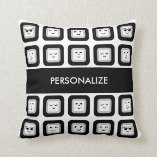 Modern Black and White Emoticon Tiles With Name Throw Pillow