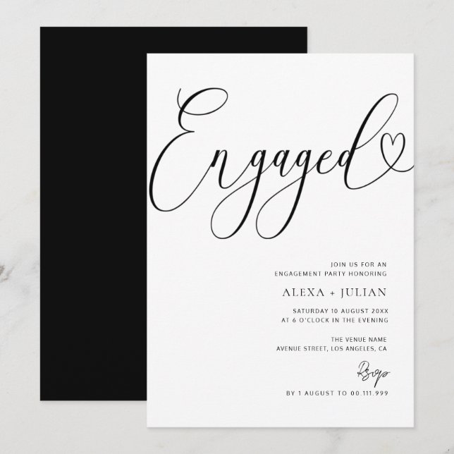 Modern black and white engagement party  invitation (Front/Back)