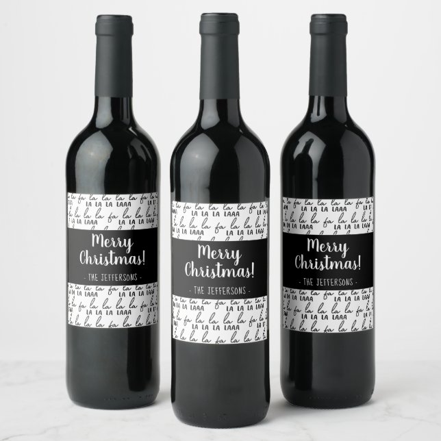 Modern Black and White Fa La La La Christmas Wrapp Wine Label (Bottles)