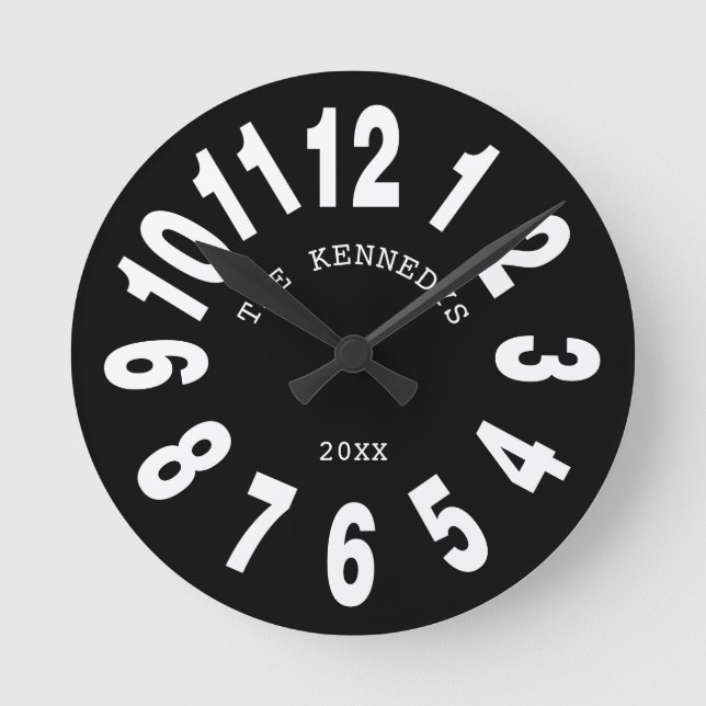 Modern Black And White Family Name Large Numbers Round Clock (Front)