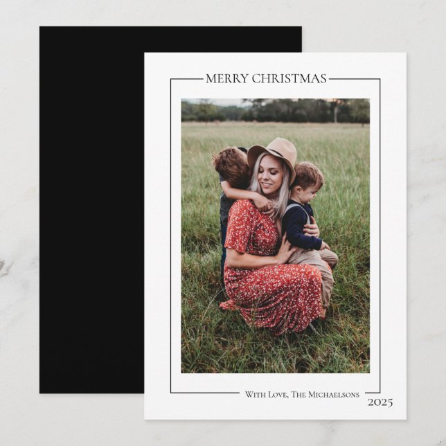Modern Black and White Family Photo  Holiday Card (Front/Back)