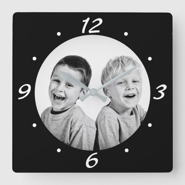 Modern Black and White Family Photo  Square Wall Clock (Front)