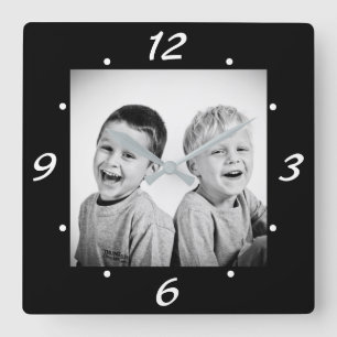 Modern Black and White Family Photo Square Wall Clock