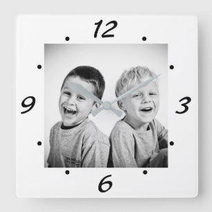 Modern Black and White Family Photo Square Wall Clock