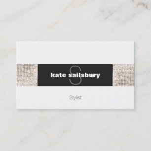 Modern Black and White FAUX Silver Sequin Monogram Business Card