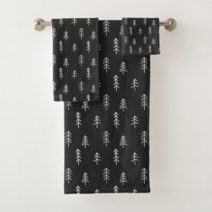 Modern Black and White Festive Pine Trees Pattern Bath Towel Set