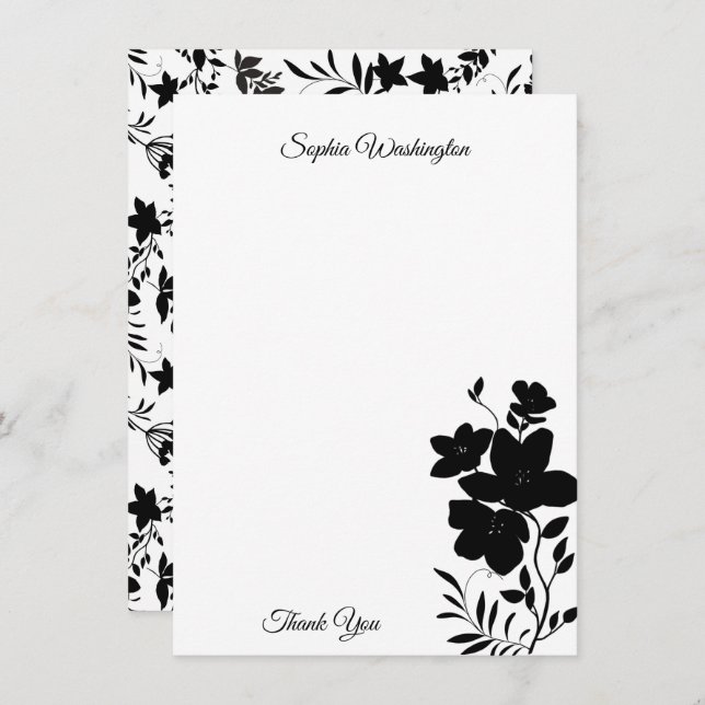 Modern Black and White Floral Blank Thank You Card (Front/Back)