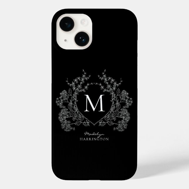 Modern Black and White Floral Crest Monogram Case-Mate iPhone Case (Back)