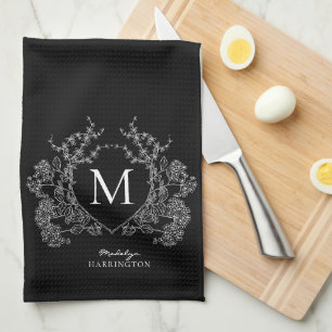 Modern Black and White Floral Crest Monogram Kitchen Towel