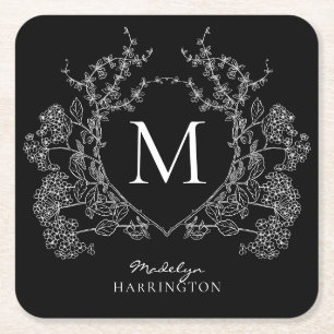 Modern Black and White Floral Crest Monogram Square Paper Coaster
