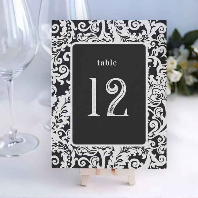 Modern Black and White Floral Damask Table Card (elegant black and white floral damask wedding table number card)