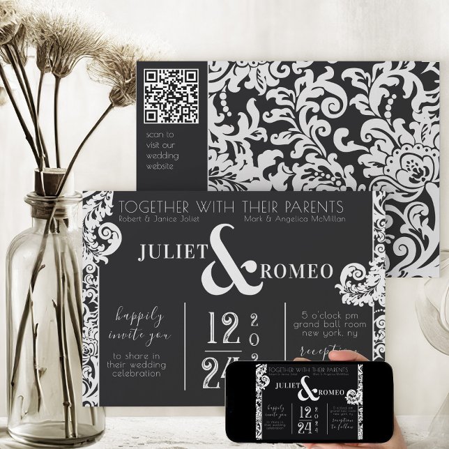 Modern Black and White Floral Damask Wedding Invitation (elegant black and white theme modern floral damask printable wedding  invitation)