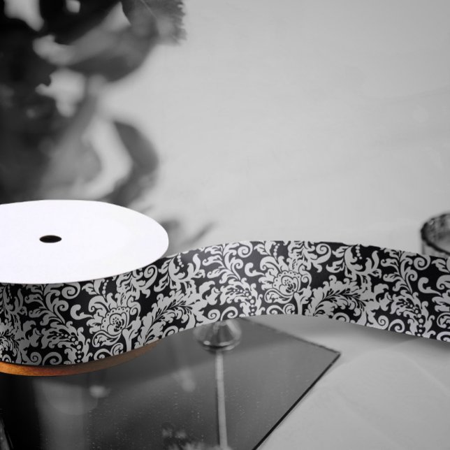 Modern Black and White Floral Damask Wedding Satin Ribbon (elegant black and white floral damask wedding gift wrapping ribbon)