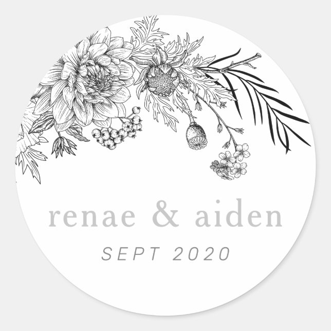 Modern black and white floral favor stickers (Front)