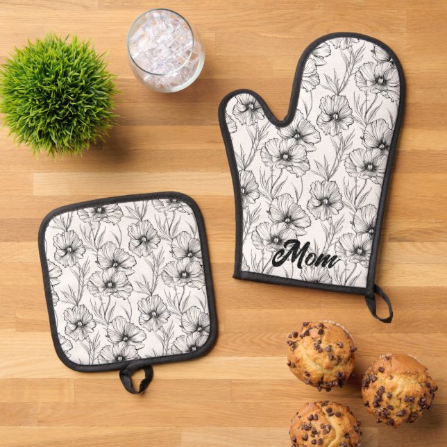 Modern Black and White Floral Mom Personalized Oven Mitt & Pot Holder Set (Top Down)