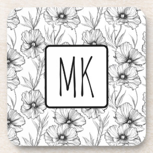 Modern Black and White Floral Monogrammed Coaster