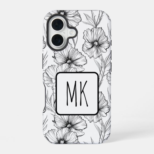 Modern Black and White Floral Monogrammed iPhone 16 Case (Back)