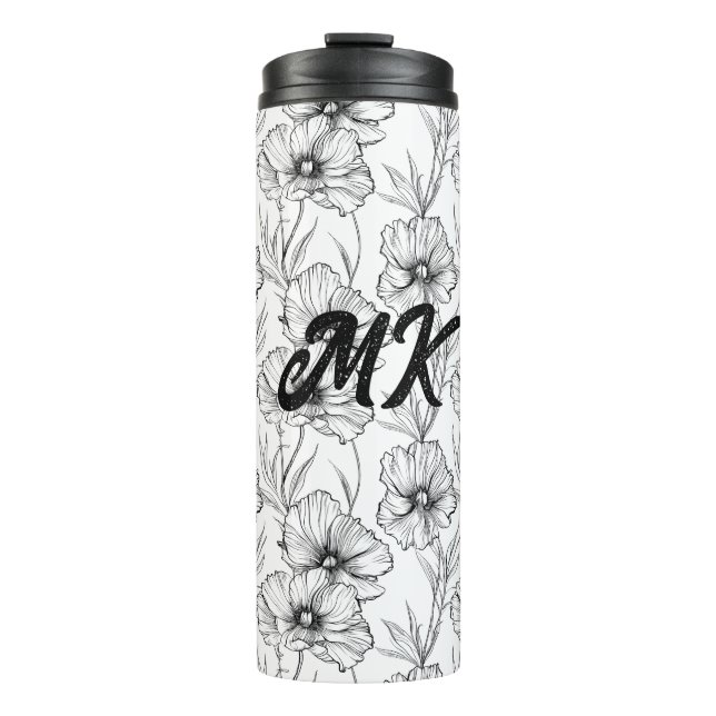 Modern Black and White Floral Monogrammed Thermal Tumbler (Front)