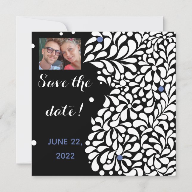 Modern black and white floral save the date (Front)