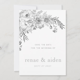 Modern black and white floral save the date card
