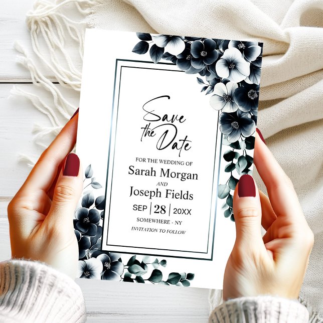 Modern Black and White Floral Save the Date Invitation (Creator Uploaded)