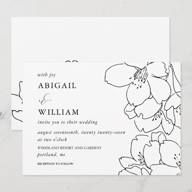 Modern Black and White Floral Wedding Invitation (Front/Back)