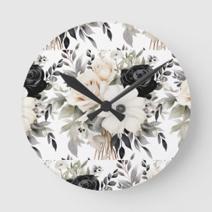 Modern Black and White Flowers Floral Clock