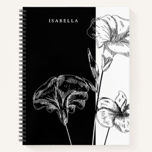Modern Black and White Foral Personalized Notebook