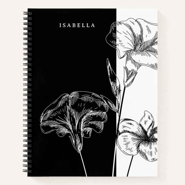 Modern Black and White Foral Personalized Notebook (Front)