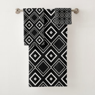 Modern Black and White Geometric Diamond Pattern Bath Towel Set