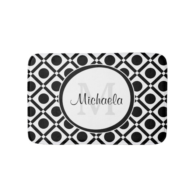 Modern Black and White Geometric Monogram and Name Bath Mat (Front)