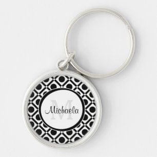 Modern Black and White Geometric Monogram and Name Keychain