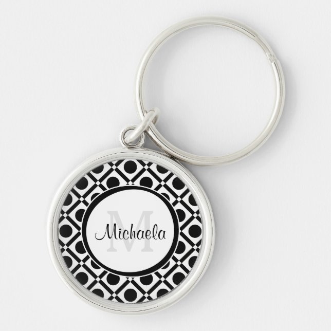 Modern Black and White Geometric Monogram and Name Keychain (Front)