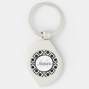 Modern Black and White Geometric Monogram and Name Keychain