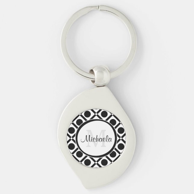 Modern Black and White Geometric Monogram and Name Keychain (Front)