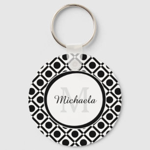 Modern Black and White Geometric Monogram and Name Keychain