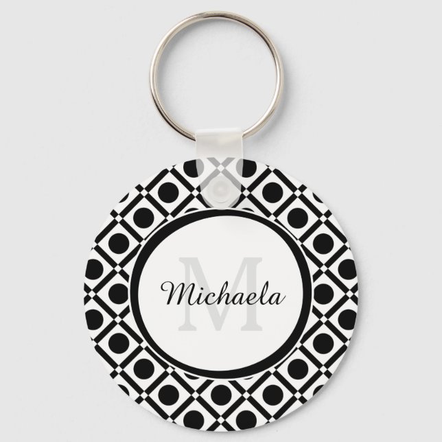 Modern Black and White Geometric Monogram and Name Keychain (Front)