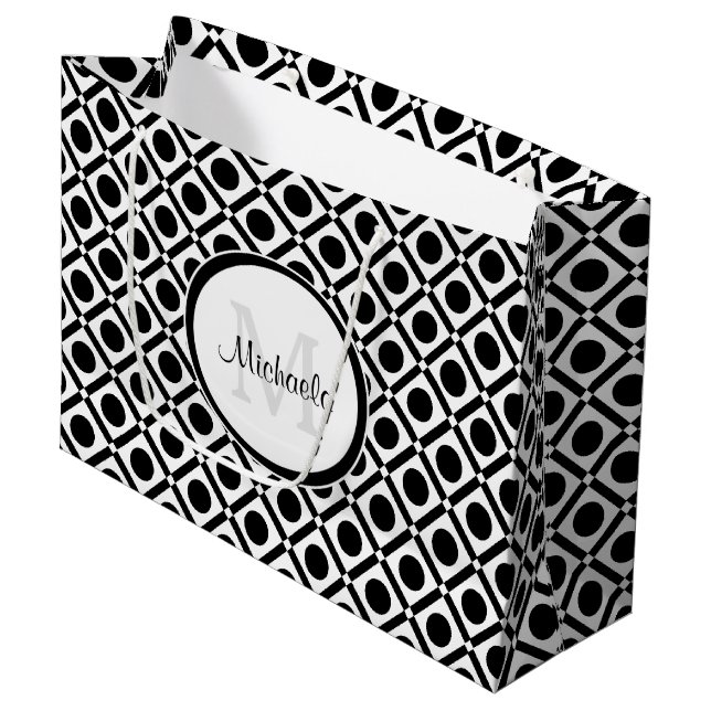 Modern Black and White Geometric Monogram and Name Large Gift Bag (Front Angled)