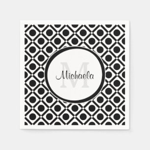 Modern Black and White Geometric Monogram and Name Napkin