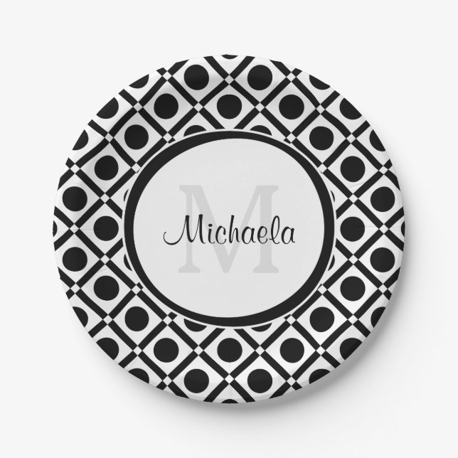 Modern Black and White Geometric Monogram and Name Paper Plate (Front)