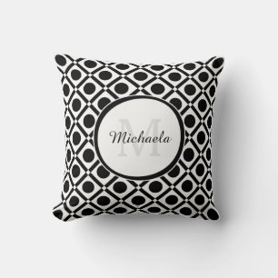 Modern Black and White Geometric Monogram and Name Throw Pillow