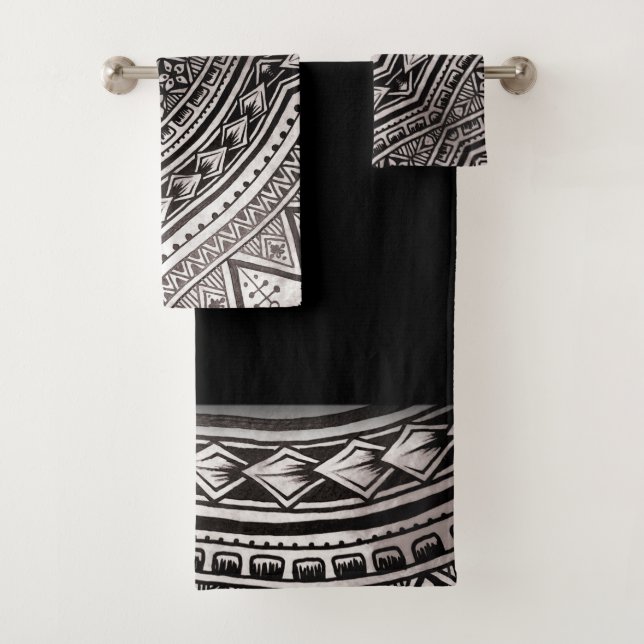 Modern Black and White Geometric Tribal Pattern Bath Towel Set (Insitu)