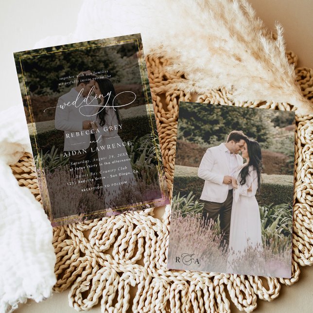  Modern Black and White Gold Border Photo Wedding Invitation (Creator Uploaded)