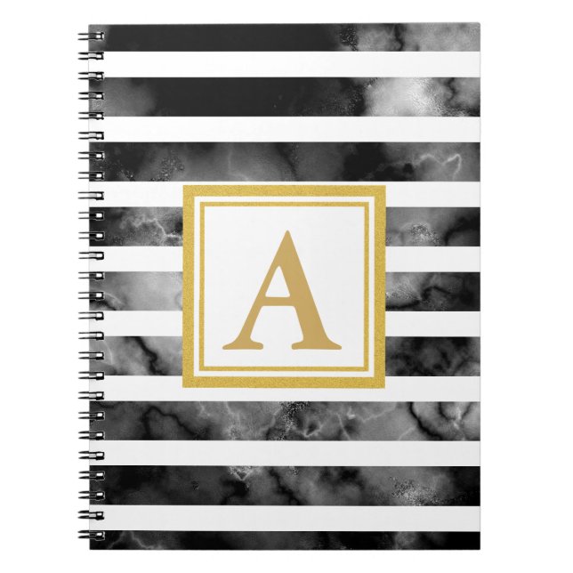 Modern Black and White Gold Glitter Monogram Trend Notebook (Front)
