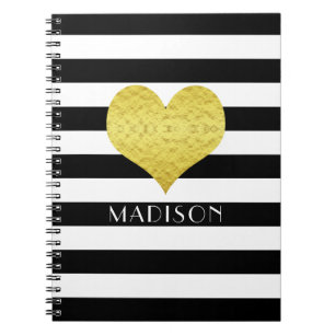 Modern Black And White Gold Heart Notebook