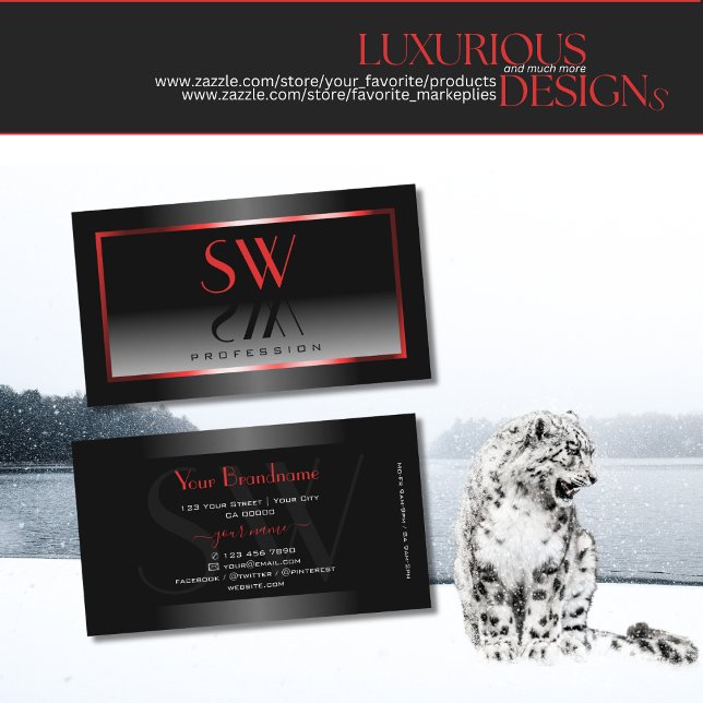 Modern Black and White Gradient Red Frame Monogram Business Card (Creator Uploaded)