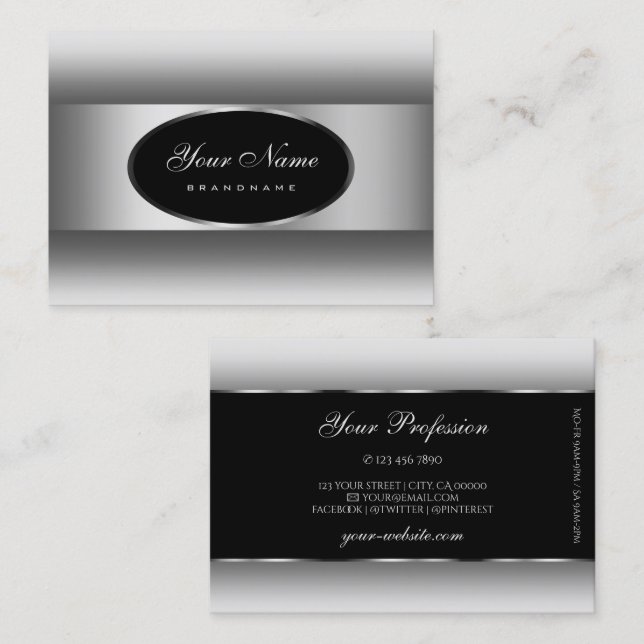 Modern Black and White Gradient Silver Oval Frame Business Card (Front/Back)