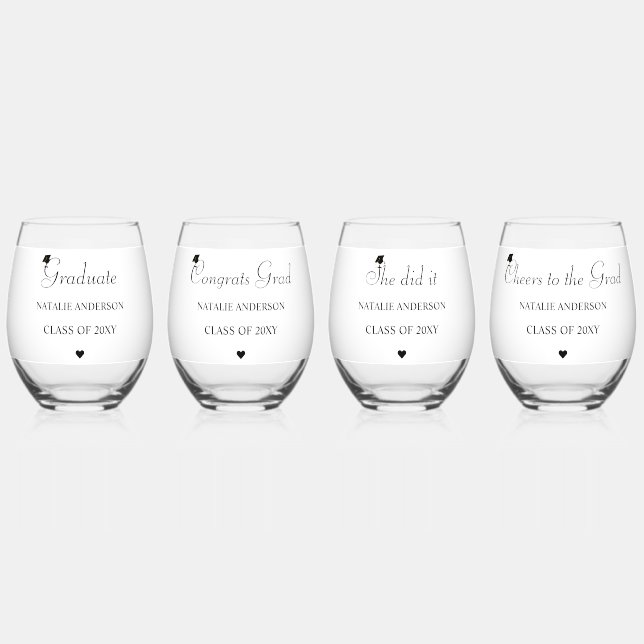 Modern Black and White Graduation Drinkware Set Stemless Wine Glass (Front)