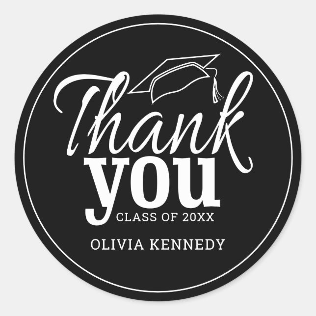 Modern Black And White Graduation Thank You   Classic Round Sticker (Front)